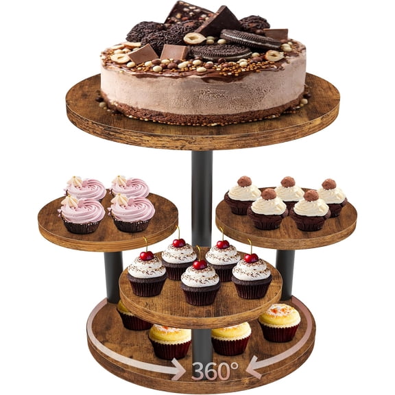 Cupcake Stand, Rotatable Cupcake Stand, Rustic Industrial Wood Cake Stand Cupcake Tower, Dessert Table Display Set Tiered Tray Stand, Round Serving Tray Cake Stands for Party Wedding Birthday,2pc