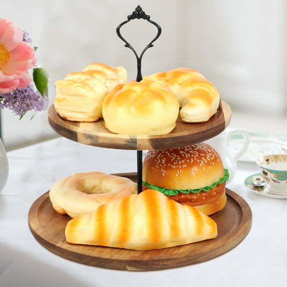 Cupcake Stand with Serving Tray and Metal Rod Rustic Wooden Tiered Cupcake Stand Decorative Tiered Tray Stand Display Dessert Holder for Home Tea Party Baby Shower Wedding Farmhouse Kitchen Decor
