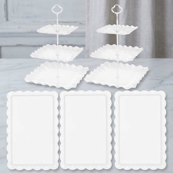 Cupcake Stand Set - Plastic Dessert Table Display Set, 2 White Square 3 Tier Cupcake Display Stands Cookie Tray Rack Serving Tower & 3X Plastic Trays for Party