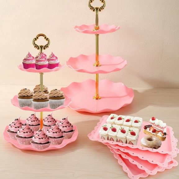 Cupcake Stand Set - Plastic Dessert Table Display Set, Round Tier Cupcake Display Stands Cookie Tray Rack Serving Tower & Plastic Trays for Wedding Tea Party