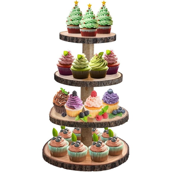 Cupcake Stand Wooden Tiered Tray Stand 4 Tier Cupcake Holder Wood Cupcake Tower Rustic Dessert Display Stands for Baby Shower Decorations Rustic Wedding Party Farmhouse Decor