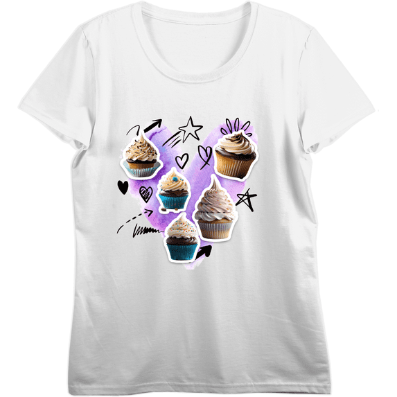 Cupcake Stickers With Doodle Hearts Women's Vivid White Crew Neck Short Sleeve Top-Medium