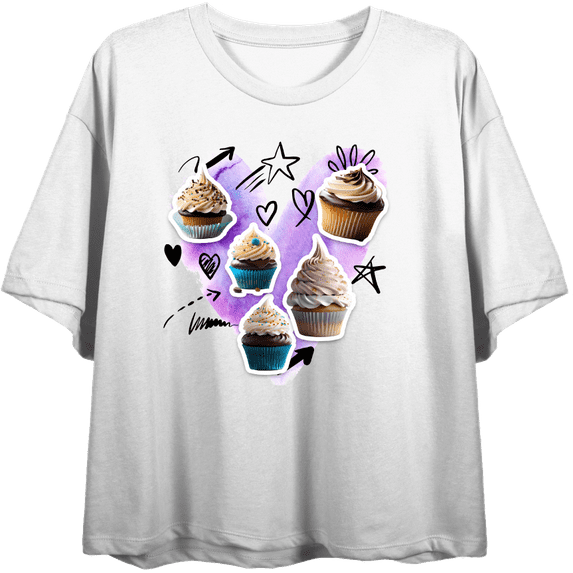 Cupcake Stickers With Doodle Hearts Women's White Crew Neck Short Sleeve Top-XXL