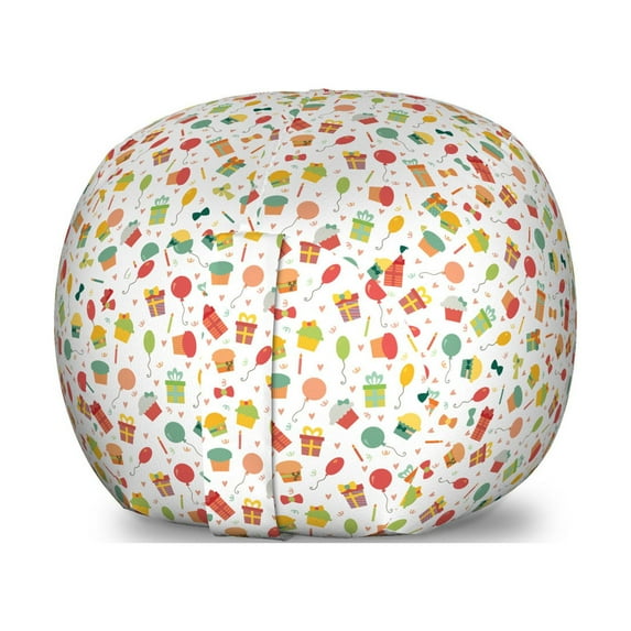 Cupcake Storage Toy Bag Chair, Birthday Party Pattern with Balloons Boxes Cakes Theme, Stuffed Animal Organizer Washable Bag, Small Size, Multicolor, by Ambesonne