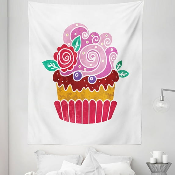 Cupcake Tapestry, Watercolor Pink Cream Topping Blueberry Cake Cream on Plain Backdrop, Fabric Wall Hanging Decor for Bedroom Living Room Dorm, 5 Sizes, Pale Fuchsia Multicolor, by Ambesonne