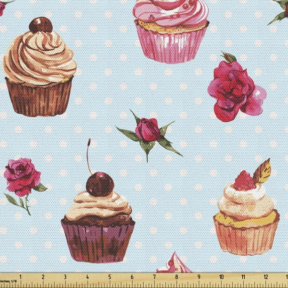 Ambesonne Cupcake Fabric by the Yard Upholstery, Valentines Lovers Muffins, 1 Yard, Multicolor