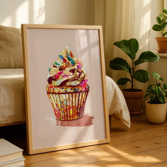 Cupcake Wall Art Poster, Disco Ball Art, Baking Decor, Posters For Kitchen, 8x12 UNFRAMED