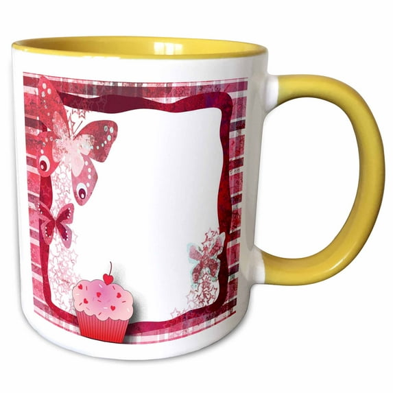 3drose, Cupcake Window Box with Butterflies in Reds and Pinks, 11oz Two-tone Yellow Mug