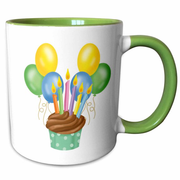 3drose, Cupcake with Balloons and Candles, 15oz Two-tone Green Mug