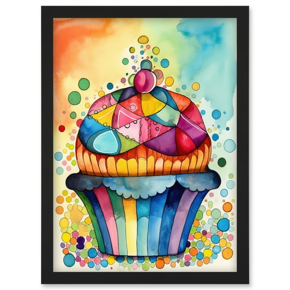 Cupcake With Colourful Frosting Watercolour Folk Art Painting Artwork Framed Wall Art Print A4