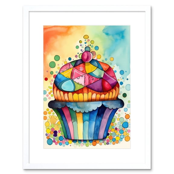 Cupcake With Colourful Frosting Watercolour Folk Art Painting Kitchen Artwork Framed Print Wall Art 9X7 Inch