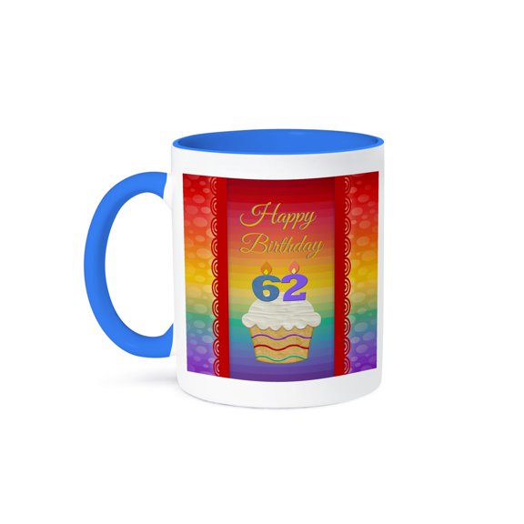 3drose, Cupcake with Number Candles, 62 Years Old Birthday, 11oz Two-tone Blue Mug