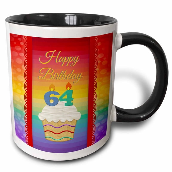 3drose, Cupcake with Number Candles, 64 Years Old Birthday, 11oz Two-tone Black Mug