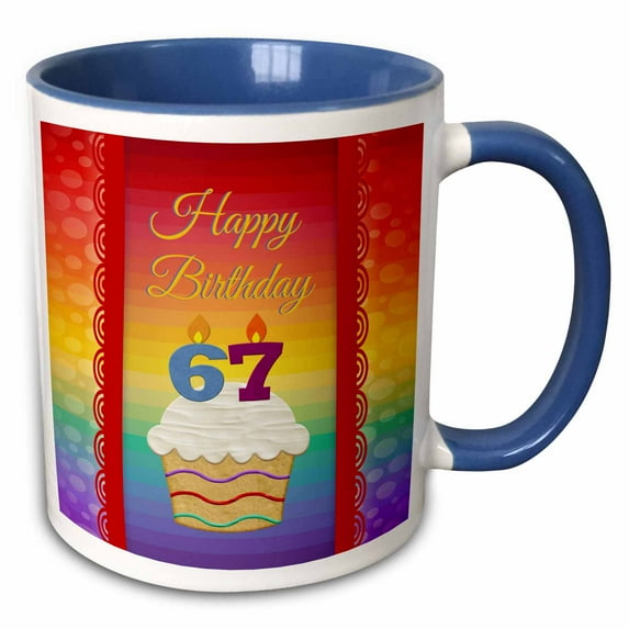 3drose, Cupcake with Number Candles, 67 Years Old Birthday, 11oz Two-tone Blue Mug