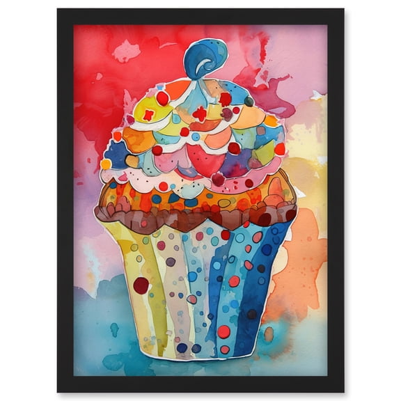 Cupcake With Sprinkles Watercolour Painting Artwork Framed Wall Art Print A4