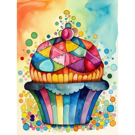 Cupcake with Colourful Frosting Watercolour Folk Art Painting Extra Large XL Wall Art Poster Print
