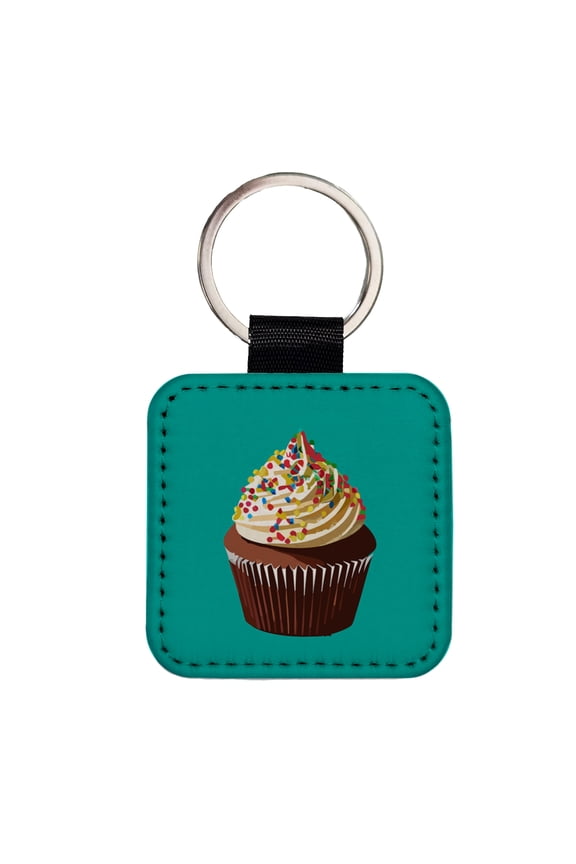 Cupcake with Sprinkles Birthday Celebration Faux Leather Square Keychain