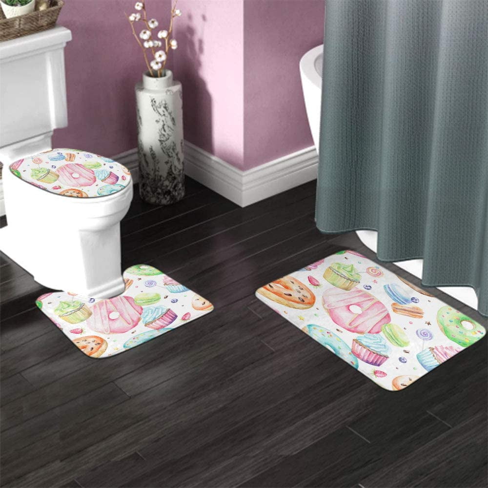 Cupcakes Donuts 3 Pieces Bathroom Rug Set Sweet Delicious Watercolor