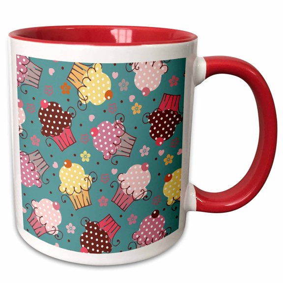 3drose, Cupcakes in Teal, 11oz Two-tone Red Mug