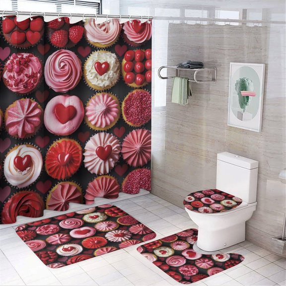Cupcakes of Love Shower Curtain Sets with Rugs 4 Piece Shower Curtain And Rugs Shower Curtain Set Delicious Cupcakes Durable And Waterproof for Bathtub Decor