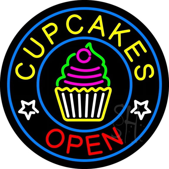 Cupcakes Open with Circle LED Neon Sign 18 x 18 - inches, Clear Edge Cut Acrylic Backing, with Dimmer - Bright and Premium built indoor LED Neon Sign for restaurant window and interior decor.