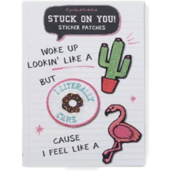 Cupcakes and Cartwheels Stuck On You 3 Piece Embroidered Sticker Patch Set on Gift Card Cactus Donut Flamingo