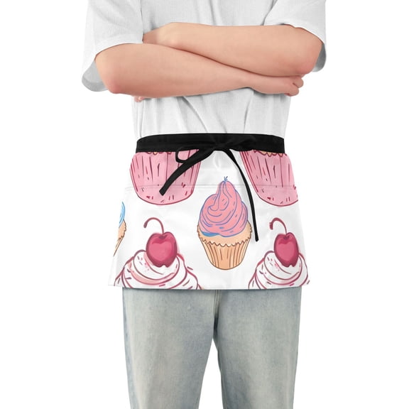 Cupcakes with Cherries on Top Short Server Apron with 3 Pockets for Unisex Chef Gardening