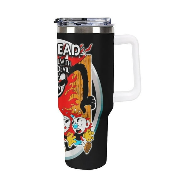 Cuphead 40oz Large Capacity Car Cup Tumbler with Handle And Straw Lid, Insulated Stainless Steel Double Wall Vacuum Travel Mug, Leak-proof Large Capacity Car Cup,Cupholder Friendly