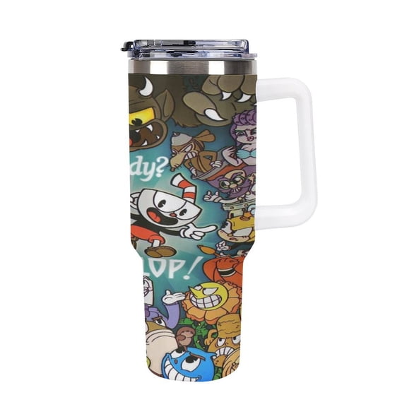 Cuphead 40oz Large Capacity Car Cup Tumbler with Handle And Straw Lid, Insulated Stainless Steel Double Wall Vacuum Travel Mug, Leak-proof Large Capacity Car Cup,Cupholder Friendly