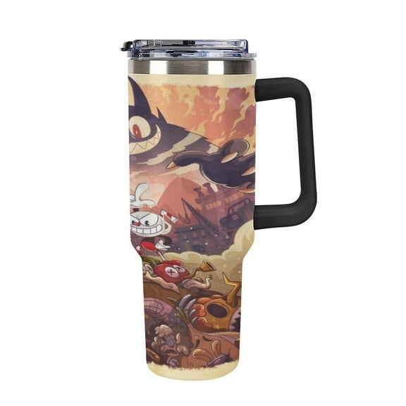 Cuphead 40oz Large Capacity Car Cup Tumbler with Handle And Straw Lid, Insulated Stainless Steel Double Wall Vacuum Travel Mug, Leak-proof Large Capacity Car Cup,Cupholder Friendly