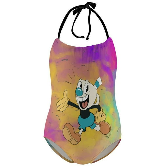 Cuphead Children's One-piece Swimwear Halterneck Swimsuit Summer Beach Girl's Bathing Suits Breathable Beachwear