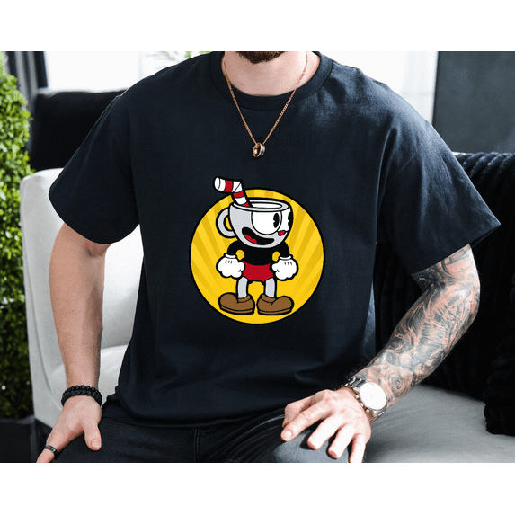 Cuphead Circle with Vintage Game Art Fan Apparel Unisex T-Shirt, up to size 3XL.