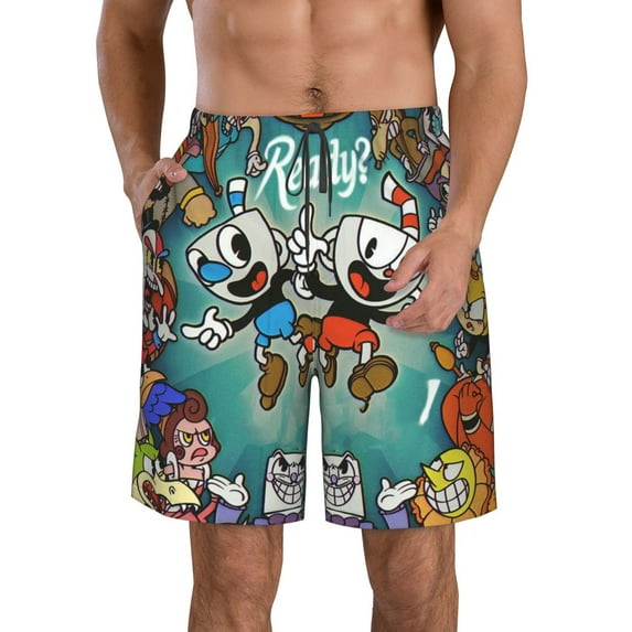Cuphead Men's Beach Shorts Swim Trunks Casual Quick Dry Board Shorts Swimwear with Mesh Lined and Pockets