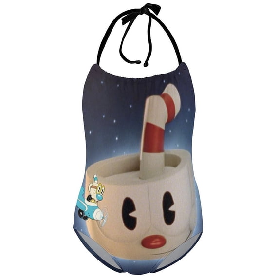 Cuphead Mugman Children's One-piece Swimwear Halterneck Swimsuit Summer Beach Girl's Bathing Suits Breathable Beachwear