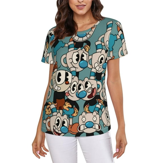 Cuphead Mugman Women's T Shirts Round Neck Short-Sleeve Soft T-Shirt Summer Casual Tee Tops 3D Printing Tee Shirt