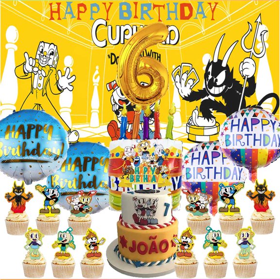 Cuphead Party Supplies Decor 6th Kit Balloons Birthday Cake Topper Banner Backdrop Decorations