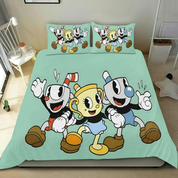 Cuphead Themed Bed Sheet Set Three Piece Set 53x79 Inches Comfortable And Skin Friendly Unique Design Creating A Star Studded Night