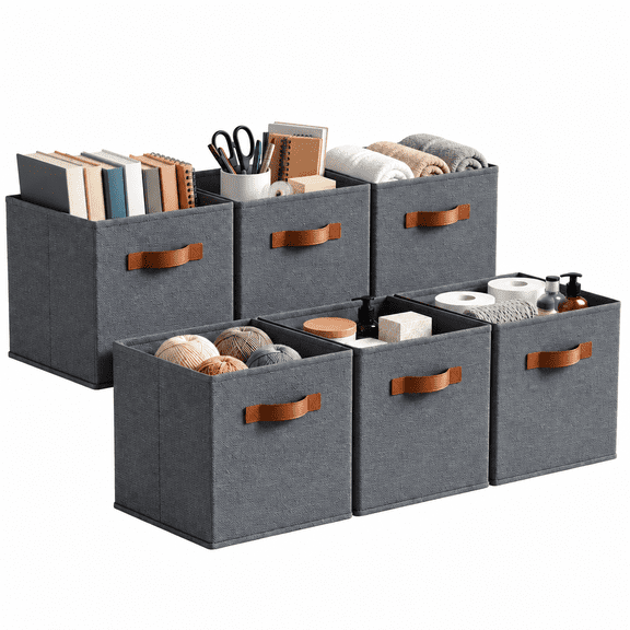 GRANNY SAYS Cube Storage Bins with Leather Handles, 11 Inch Collapsible Fabric Storage Bins for Closet Organization, Clothing Storage Bins for Shelves, 6-Pack, Dusty Gray