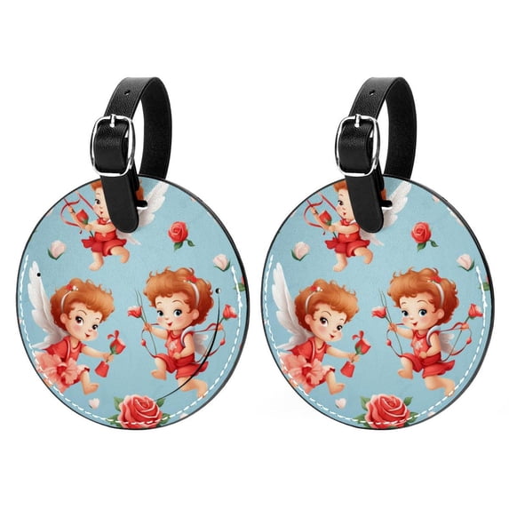 Cupid 2Pcs PU Leather Round Luggage Tags with Privacy Cover and Name ID Tag for Suitcase, Handbags, Backpacks, School Bags