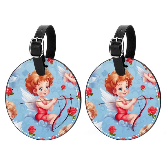 Cupid 2pcs PU Leather Round Bag Tags Suitcase Handbag Tags with Privacy Cover and Name ID Tag for Travel Luggage, Handbags, Backpacks, School Bags