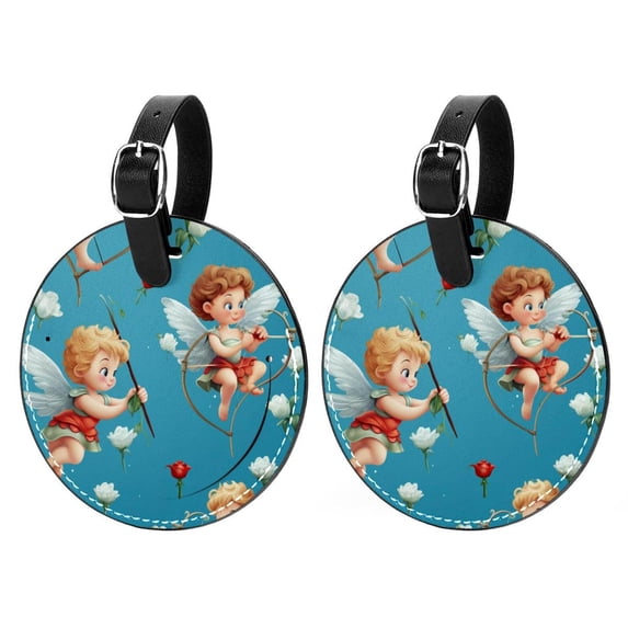 Cupid 2pcs PU Leather Round Bag Tags Suitcase Handbag Tags with Privacy Cover and Name ID Tag for Travel Luggage, Handbags, Backpacks, School Bags