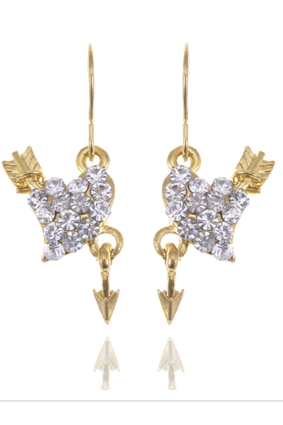 Cupid Arrow Through Heart Gold Tone Real Clear Crystal Rhinestone Drop Earrings