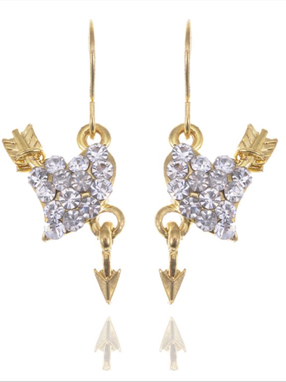 Cupid Arrow Through Heart Gold Tone Real Clear Crystal Rhinestone Drop Earrings