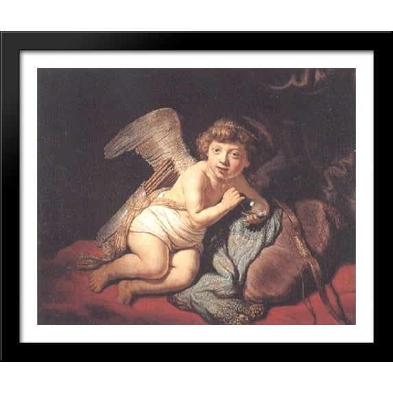 Cupid Blowing Soap Bubbles 34x28 Large Black Wood Framed Print Art by Rembrandt