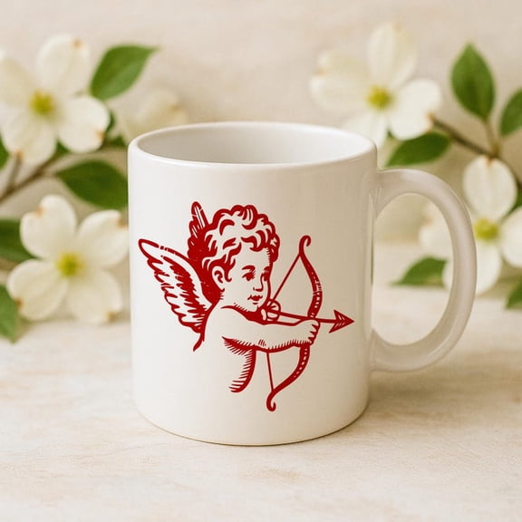 Cupid C1herub Coffee Mug, Vintage Red Angel Design, Romantic Aesthetic Gift, VaL1entine Love Cup, Minimal Cla1ssic Mug