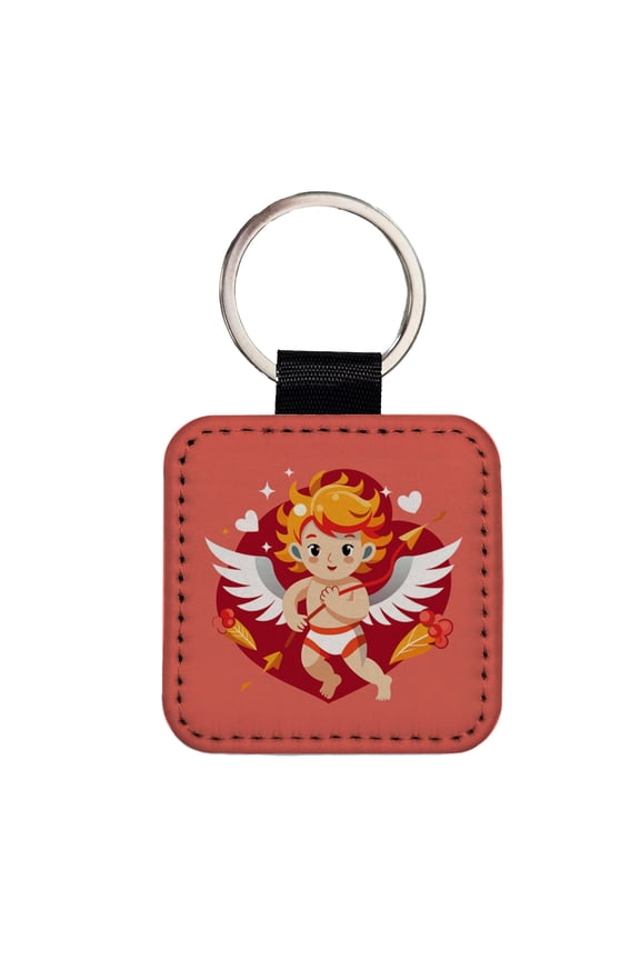 Cupid Cherub with Arrow Valentines Day Faux Leather Square Keychain