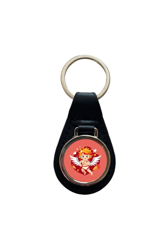 Cupid Cherub with Arrow Valentines Day Metal Black Leather Keychain