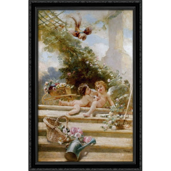 Cupid Gardeners 28x40 Large Black Ornate Wood Framed Canvas Art by Konstantin Makovsky