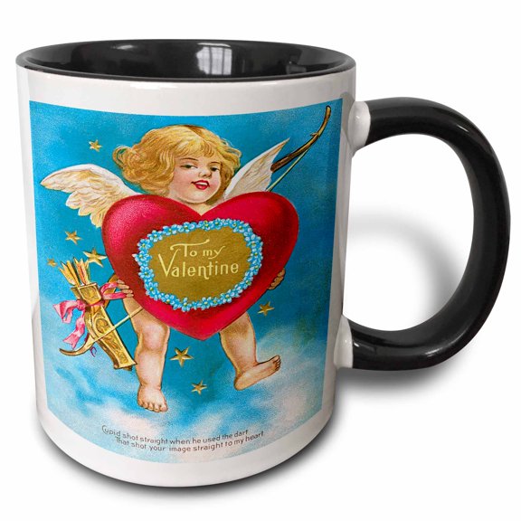 3drose, Cupid Holding a Big Red Heart in the Clouds with Stars, 11oz Two-tone Black Mug