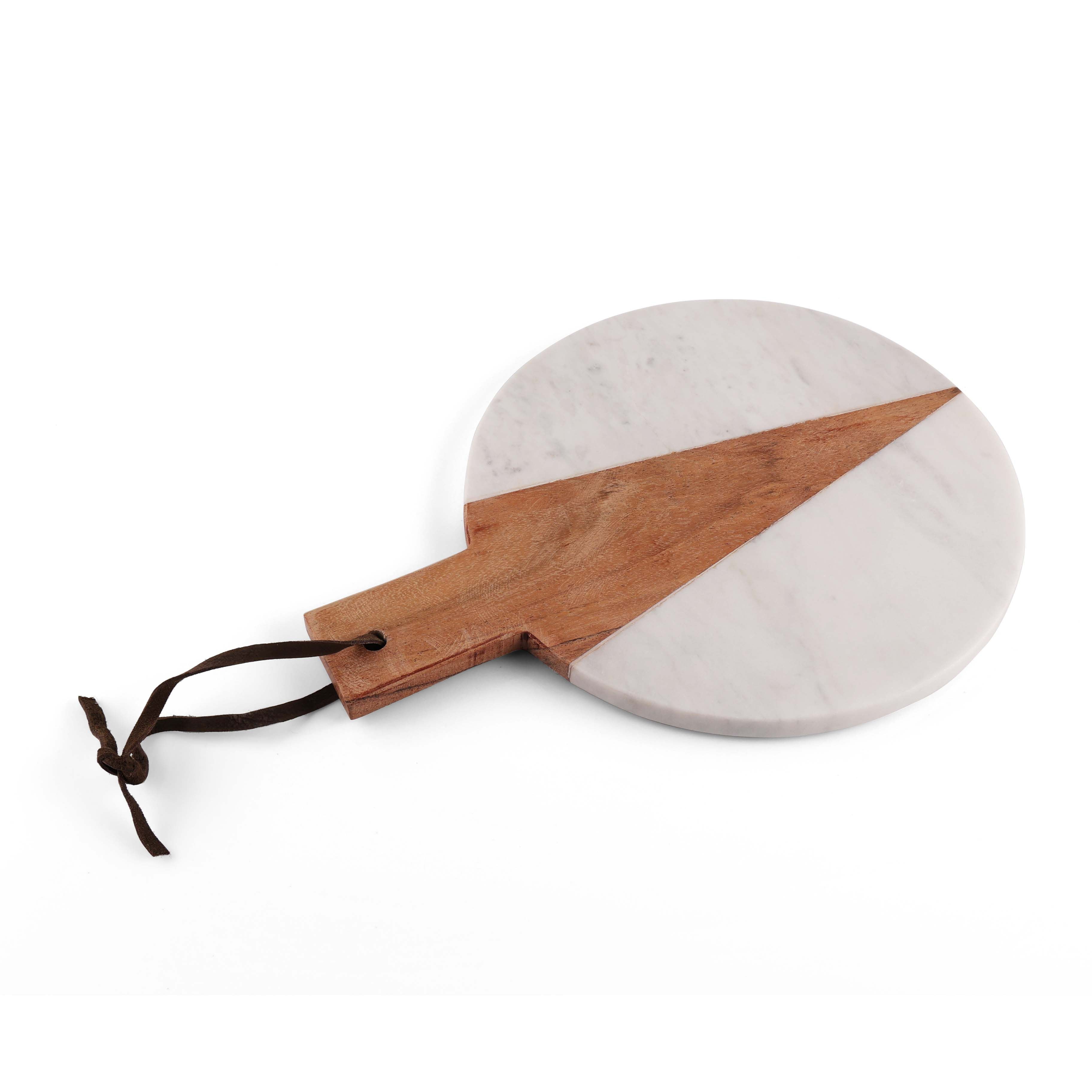 Cupid White Marble and Acacia Wood Round Serving Platter